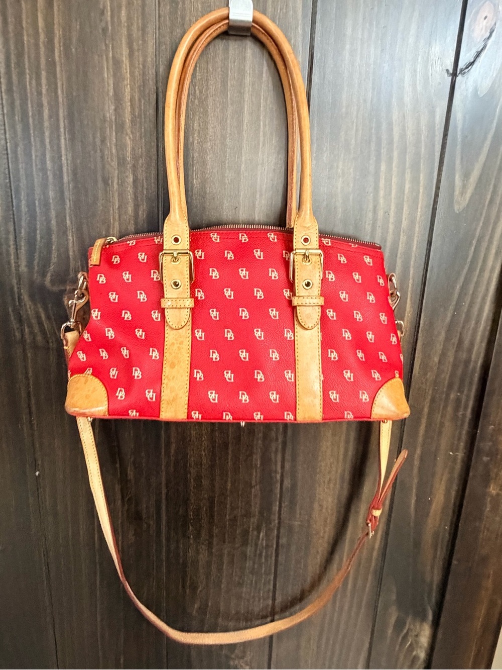 Dooney & Bourke Red Logo Canvas Shoulder Bag w/ Tan Leather Trim crossbody strap - Picture 2 of 13